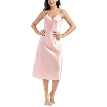 Amlztr Women's Satin Nightgown Long Slip Dress V Neck