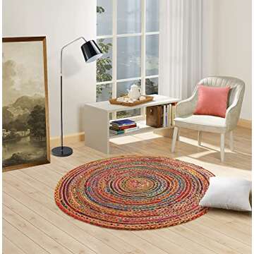 GRUHUM Jute Cotton Area Rug 8ft Round - Natural Fiber Colourful Handmade Boho Farmhouse Soft Braided Rustic Vintage Reversible Rugs Indoor Outdoor Kitchen Bedroom Living Room Hallways -8'ft Circle