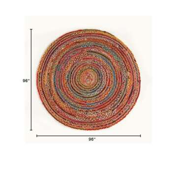 GRUHUM Jute Cotton Area Rug 8ft Round - Natural Fiber Colourful Handmade Boho Farmhouse Soft Braided Rustic Vintage Reversible Rugs Indoor Outdoor Kitchen Bedroom Living Room Hallways -8'ft Circle