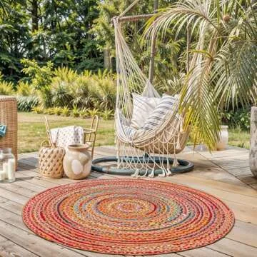 GRUHUM Jute Cotton Area Rug 8ft Round - Natural Fiber Colourful Handmade Boho Farmhouse Soft Braided Rustic Vintage Reversible Rugs Indoor Outdoor Kitchen Bedroom Living Room Hallways -8'ft Circle