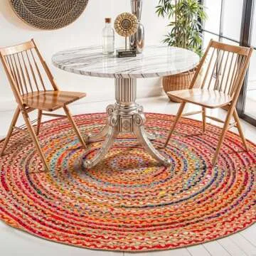 GRUHUM Jute Cotton Area Rug 8ft Round - Natural Fiber Colourful Handmade Boho Farmhouse Soft Braided Rustic Vintage Reversible Rugs Indoor Outdoor Kitchen Bedroom Living Room Hallways -8'ft Circle