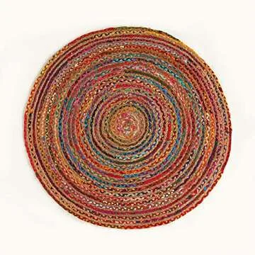 GRUHUM Jute Cotton Area Rug 8ft Round - Natural Fiber Colourful Handmade Boho Farmhouse Soft Braided Rustic Vintage Reversible Rugs Indoor Outdoor Kitchen Bedroom Living Room Hallways -8'ft Circle