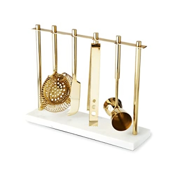 Luxury Twine Gold Barware Set with Marble Stand - Elegant Cocktail Tools