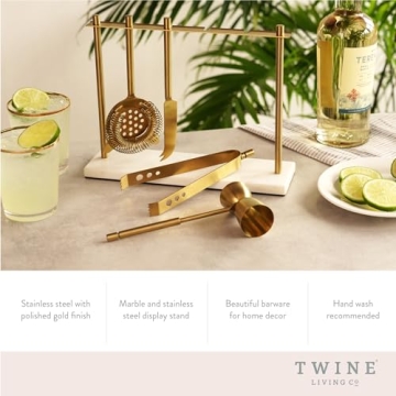 Twine Gold Barware Set - Elegant Cocktail Tools with Marble Stand