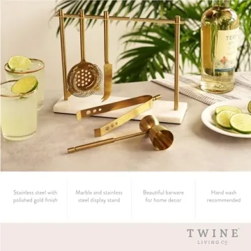 Twine Gold Barware Set - Elegant Cocktail Tools with Marble Stand