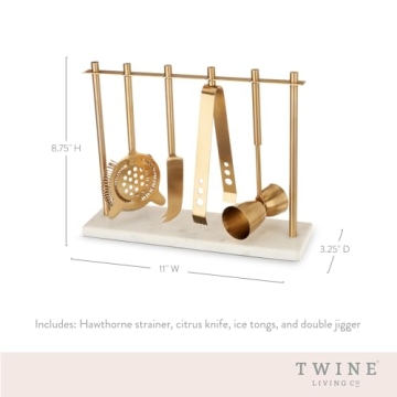 Twine Gold Barware Set - Elegant Cocktail Tools with Marble Stand