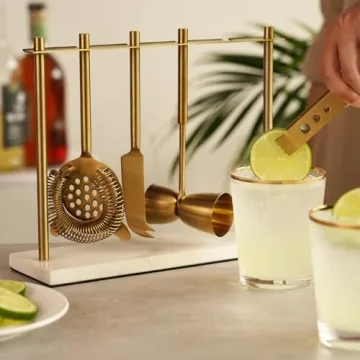 Twine Gold Barware Set - Elegant Cocktail Tools with Marble Stand