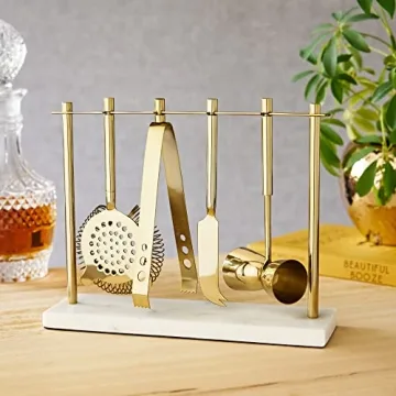 Twine Gold Barware Set - Elegant Cocktail Tools with Marble Stand