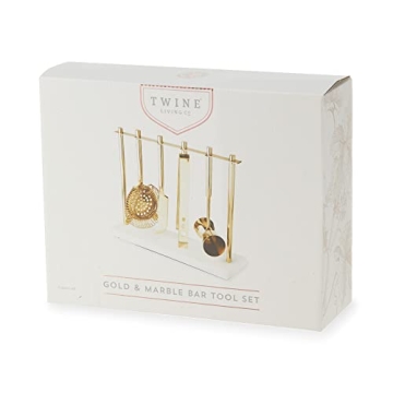 Twine Gold Barware Set - Elegant Cocktail Tools with Marble Stand