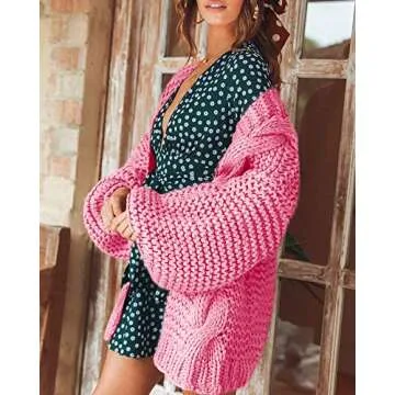 Remikstyt Womens Chunky Cardigan Cable Knit Oversized Open Front Cardigan Sweaters (Large, Pink)