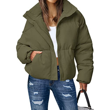 MEROKEETY Women's Winter Long Sleeve Zip Puffer Jacket - Cozy Comfort in Army Green