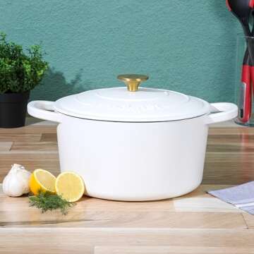 Crock Pot Artisan 6-Quart Round European Enameled Dutch Oven Pot With Lid - Matte Linen White w/Gold Knob