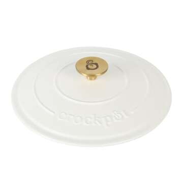 Crock Pot Artisan 6-Quart Round European Enameled Dutch Oven Pot With Lid - Matte Linen White w/Gold Knob