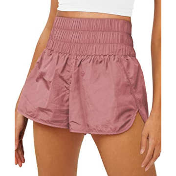 AUTOMET Women's High Waisted Athletic Shorts in Light Wine Red