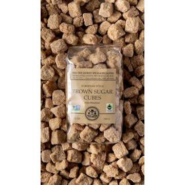 India Tree Brown Sugar Cubes, 1.1 Pound Jar, European Style Cane Sugar From Mauritius, Rough Cut Unrefined Brown Sugar