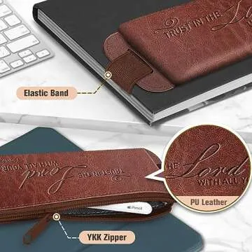 FINPAC 2-Pack Elastic Pencil Case for Notebook, Leather Pen Holder Stationery Zipper Bag for Pencils, Markers, Pen Pouch w/Elastic Band for Bible Journaling, Planners, Tablets
