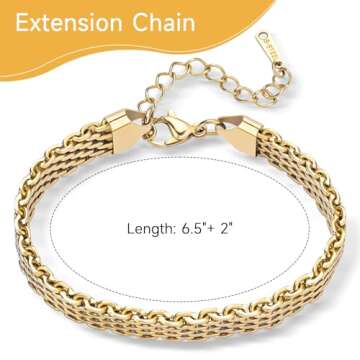 14K Gold Plated Chunky Chain Gold Adjustable Bracelet for Women - Non Tarnish, Waterproof Mesh & Bangle Bracelets Lightweight Trendy Chain Bracelet 8mm Mesh Link Chain Thanksgiving Christmas Birthday
