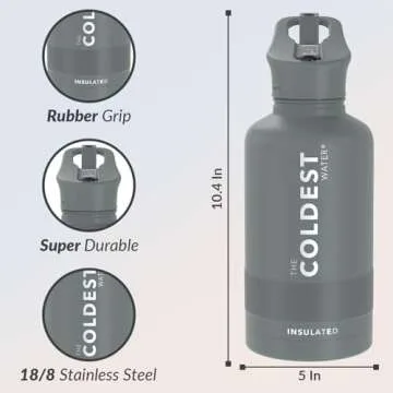 Coldest Sports Water Bottle with Straw Lid Vacuum Insulated Stainless Steel Metal Thermos Bottles Reusable Leak Proof Flask for Sports Gym (Gun Metal, 64 oz)