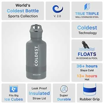 Coldest Sports Water Bottle with Straw Lid Vacuum Insulated Stainless Steel Metal Thermos Bottles Reusable Leak Proof Flask for Sports Gym (Gun Metal, 64 oz)