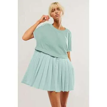 SAUKOLE Summer Dress for Women 2025 Casual Short Sleeve Crewneck T Shirt Dress Flowy Pleated Mini Dress Light Blue