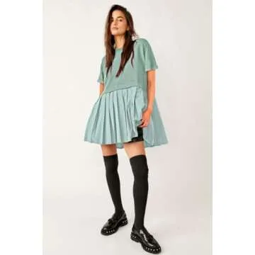 SAUKOLE Summer Dress for Women 2025 Casual Short Sleeve Crewneck T Shirt Dress Flowy Pleated Mini Dress Light Blue