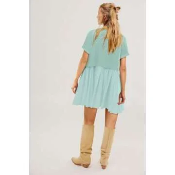 SAUKOLE Summer Dress for Women 2025 Casual Short Sleeve Crewneck T Shirt Dress Flowy Pleated Mini Dress Light Blue