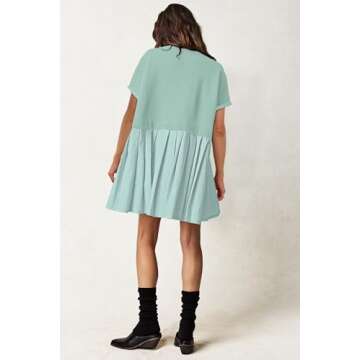 SAUKOLE Summer Dress for Women 2025 Casual Short Sleeve Crewneck T Shirt Dress Flowy Pleated Mini Dress Light Blue