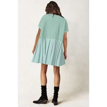 SAUKOLE Summer Dress for Women 2025 Casual Short Sleeve Crewneck T Shirt Dress Flowy Pleated Mini Dress Light Blue