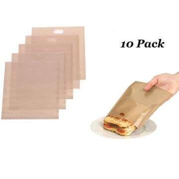 Non-Stick Reusable Toaster Bags (Set of 10) Various Sizes, Create Grilled Cheese Sandwiches in Toaster, Microwave Oven or Grill, Pizza Panini & Garlic Bread