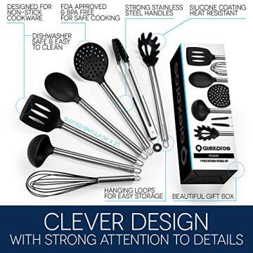 Kitchen Utensils Set - Silicone Cooking Utensils Set - Kitchen Utensil Set - 7 Silicone Utensils Set - Stainless Steel Utensils - Cooking Utensil Set Spatula Set - Kitchen Tools Gadgets - Ladle Spoon