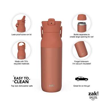 Zak Designs Harmony Water Bottle for Travel or At Home, 32oz Recycled Stainless Steel is Leak-Proof When Closed and Vacuum Insulated with Straw Lid and Carry Handle (Sienna Red)