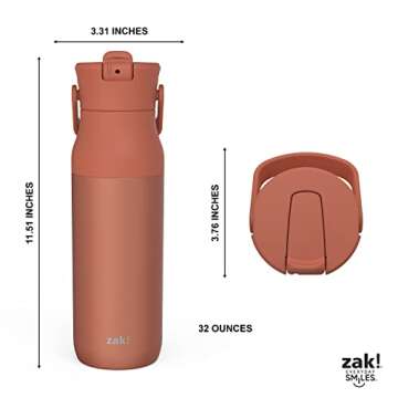 Zak Designs Harmony Water Bottle for Travel or At Home, 32oz Recycled Stainless Steel is Leak-Proof When Closed and Vacuum Insulated with Straw Lid and Carry Handle (Sienna Red)