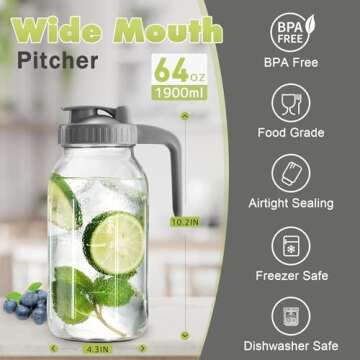Mason Jar with Pour Spout Lid V-shaped, 64 oz Iced Tea Pitcher with Lids Double Leak Proof, 2 Quart Drink Pitcher for Breastmilk, Sun Tea, Juice, Coffee Creamer, Juice Containers