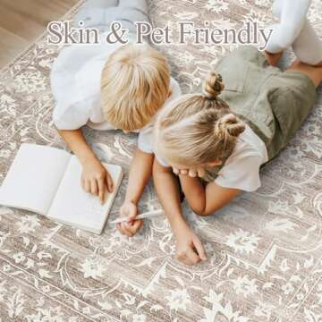 Soalmost 8x10 Area Rugs for Living Room, Stain Resistant Washable Rugs for Dining Room, Kitchen, Floral Vintage Non-Slip Thin Large Area Rug(Light Brown, 8'x10')