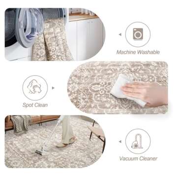 Soalmost 8x10 Area Rugs for Living Room, Stain Resistant Washable Rugs for Dining Room, Kitchen, Floral Vintage Non-Slip Thin Large Area Rug(Light Brown, 8'x10')