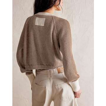 PUWEI Women's Cropped Cardigan Sweaters Casual Long Sleeve Button Up Cardigans Color Block Crewneck ...