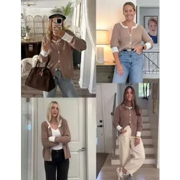 PUWEI Women's Cropped Cardigan Sweaters Casual Long Sleeve Button Up Cardigans Color Block Crewneck Knit Outwear Jackets (Khaki-S)