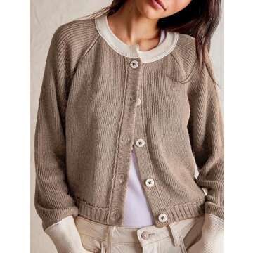 PUWEI Women's Cropped Cardigan Sweaters Casual Long Sleeve Button Up Cardigans Color Block Crewneck Knit Outwear Jackets (Khaki-S)