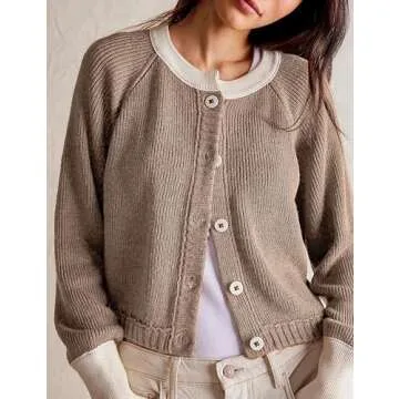 PUWEI Women's Cropped Cardigan Sweaters Casual Long Sleeve Button Up Cardigans Color Block Crewneck Knit Outwear Jackets (Khaki-S)