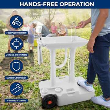 SereneLife Portable Camping Sink with 30L (7+ Gallon) Built-In Water Tank, Large Wheels, Hands-Free Foot Pump, Extra-Large Basin, and 5L Soap Dispenser – Ideal for Outdoors, Camping, and Worksites