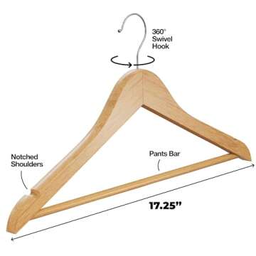 Home It Wooden Hangers 30 Pack - Natural Wood Durable Heavy Duty Coat Hangers Non Slip for Jacket, Shirt, Pants and Suit - Premium Solid Clothes Hangers for Closet with Chrome Swivel Hook