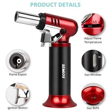 Semlos Butane Torch with Fuel Gauge, Refillable Kitchen Torch Lighter with Safety Lock and Adjustable Flame for DIY, Creme Brulee and Soldering(Butane Gas Not Included)