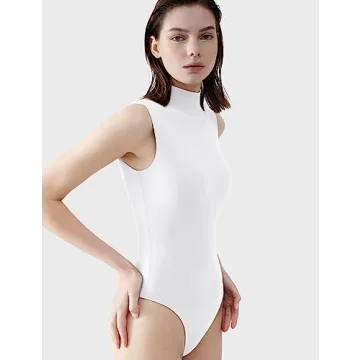 PUMIEY Mock Neck Sleeveless Bodysuit for Women