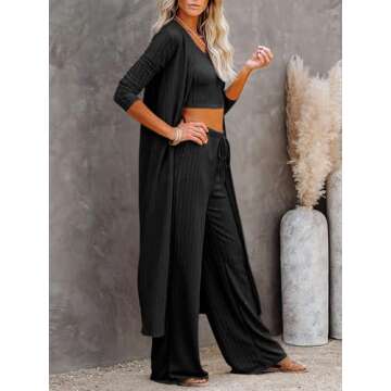 Fessceruna Womens 3 Piece Lounge Sets Pajamas Knit Long Sleeve Cardigan Crop Top Wide Leg Pants Loungewear Set