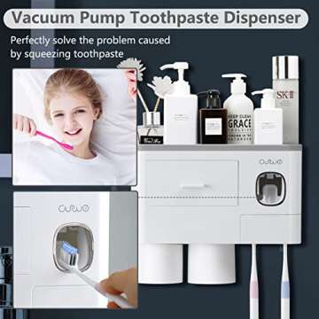 Toothbrush Holder Wall Mounted with Toothpaste Dispenser for Bathroom-Automatic Electric Tooth Pastetooth Squeezer-Bathroom Organizer Storage Accessories Set for Kids