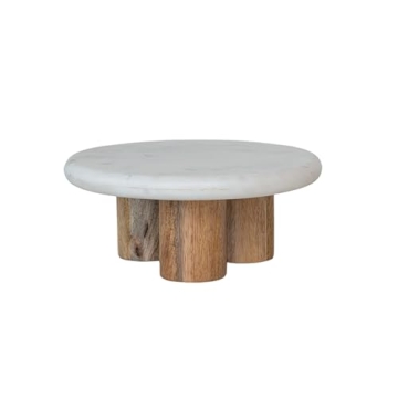 Bloomingville Natural Round Elevated Marble and Wood Food Pedestal