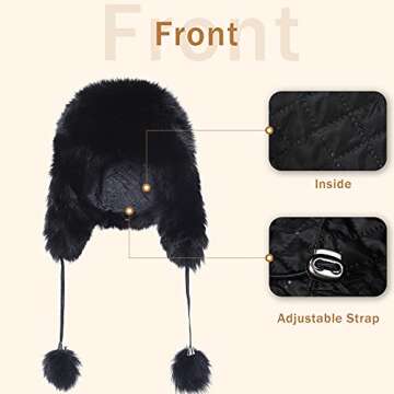 Fur Story Women's Fur Trapper Hat with Sheepskin Earflap Warm Hat Winter hat with Pom Pom Black