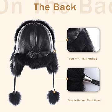 Fur Story Women's Fur Trapper Hat with Sheepskin Earflap Warm Hat Winter hat with Pom Pom Black