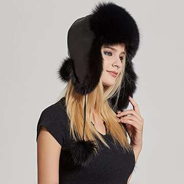Fur Story Women's Fur Trapper Hat with Sheepskin Earflap Warm Hat Winter hat with Pom Pom Black