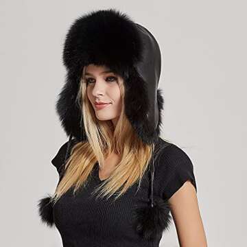 Fur Story Women's Fur Trapper Hat with Sheepskin Earflap Warm Hat Winter hat with Pom Pom Black